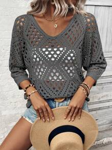 Breezaya Women's Loose Casual 3/4 Sleeve Hollow-Out Knit Sweater Knit Pullover Fall Winter - Grey - View 5