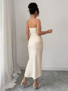 Elenzga 女士优雅浪漫无袖V领褶饰腰部开衩下摆连衣裙 - 杏色 - 查看 2