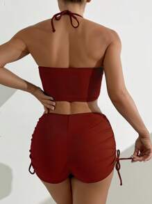 SHEIN Swim Bộ đồ bơi đi biển/tiệc tùng 2 mảnh dây buộc phía trước màu đỏ cho nữ mùa hè - Đỏ - Xem 2