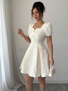 Rafferiza 女士花卉提花优雅泡泡袖方领连衣裙