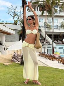 SHEIN Swim 3pcs/Set Yellow Starfish Printed Beach Bikini Swimsuit For Women For Summer Beach Vacation - Yellow - View 2