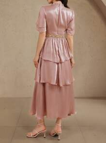 DAZY Women's Glossy Layered Ruffle Hem Patchwork Long Dress, Ladies Summer Dress, Graduation Dress Maxi Dress - Pink - View 6