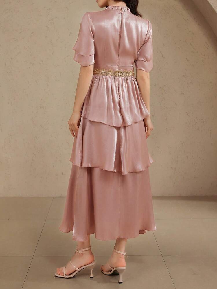 Women's Glossy Layered Ruffle Hem Patchwork Long Dress, Ladies Summer Dress, Graduation Dress Maxi Dress