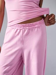 MISSGUIDED Lace Trim Camisole Lounge Set With Wide Leg Pajama Pants Sleepwear Nightwear Set Relaxed Fit Loungewear Silky Soft Comfort - Pink - View 5