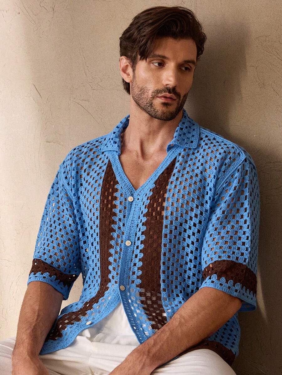 Manfinity VCAY Men's Casual Hollow Out Loose 3/4 Sleeve Cardigan, Faux Cashmere, For Fall Winter - Multicolor - View 1