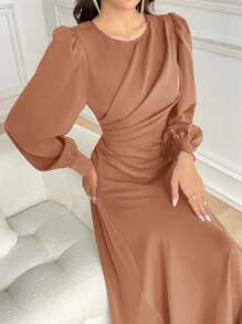 Modelyn Vestido midi elegante de manga lanterna de cor sólida para mulheres, vestidos longos de noite de outono