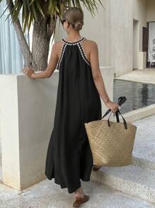 Livesso Women's Sleeveless Ruffle Hem Dress, Casual Loose Vacation Long Dress For Summer Linen