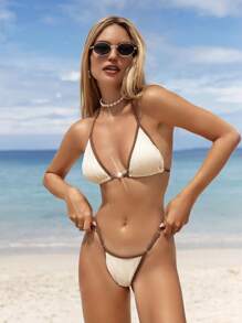 Swim Mod 2 Stücke/Set Damen elegantes Halfter gebundenes Aprikose & Kaffee Schnürbikini Set mit Metall Dekoration, passend für Resort Urlaub, Frühling/Sommer