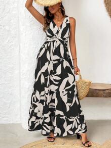 EMERY ROSE Váy không tay cổ chữ V in họa tiết toàn bộ và viền nhún bèo cho trang phục đi biển mùa hè dài - màu đen - Xem 5