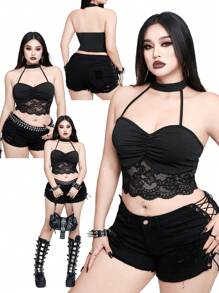 Whyspr Top scurt casual Punk Rave Plus Size pentru femei, sexy, din dantelă, cu imprimeu de patchwork, fără spate, cu halter - Negru - Vizualizare 1