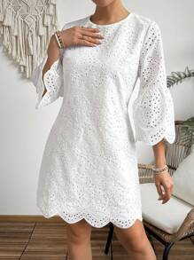 Breezaya Abito da donna con ricamo traforato e orlo a balze per la primavera e l'estate