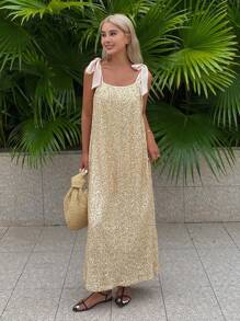 DAZY Vestido de tirantes con textura de lentejuelas metálicas de color contrastante en estilo francés para mujeres, nuevo diseño de nicho elegante para fiesta