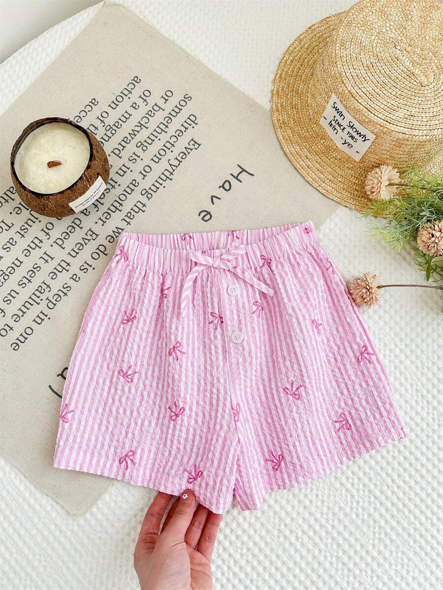 SHEIN LMoss Kids Quần short jumpsuit dệt sọc nơ cho bé gái - Hồng - Xem 1