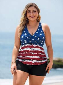 Swim Lushoire Plus Size Women's Random USA Flag Print Casual Beach V-Neck Drawstring Side Tankini Set, 4th Of July For Summer Beach Vacation - Black - View 3