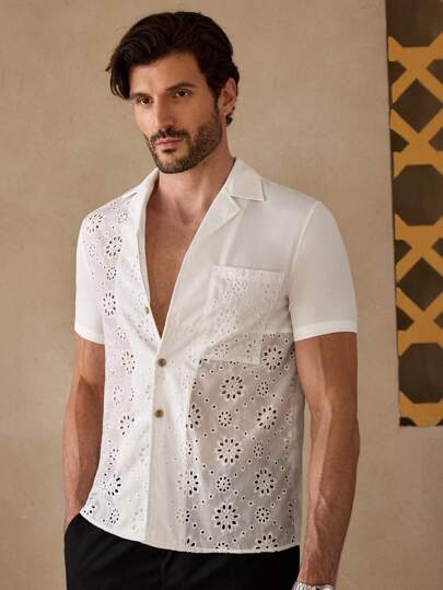 GENTILAND Men's Casual Woven Cotton Patchwork Embroidered Grandad Collar Short Sleeve Shirt, Suitable For Everyday Wear