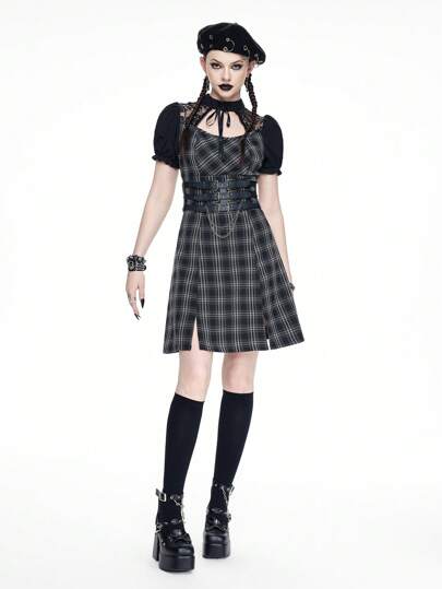 Vintage Gothic Lace Patchwork Plaid Women Mini Dress