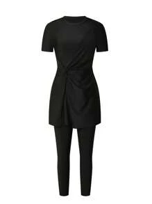 Swim Mulvari New Women Summer Crew Neck Short Sleeve Side Twist Knot Dress + Shorts Black Casual Vacation Burkini Set - Black - View 4