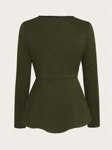 SHEIN Clasi Women Round Neck Ruffle Trim Zip Up Flared Hem Jacket, Long Sleeve - Army Green - View 2