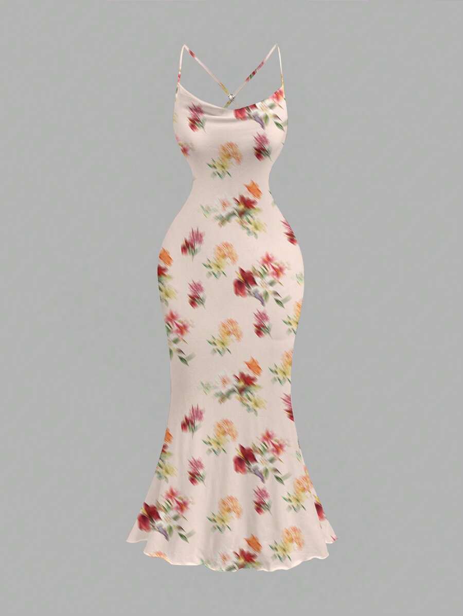 SHEIN MOD Women's Tie-Dye Print Plunging Neckline Fishtail Hem Bodycon Slip Dress - Multicolor - View 1