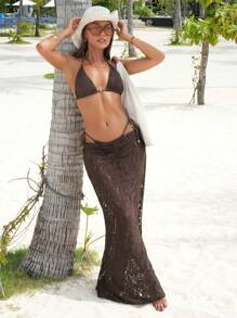 Swim SXY 3件套女士性感蕾丝三角上衣、比基尼泳裤和长裙沙滩度假泳衣 - 咖啡棕 - 查看 1