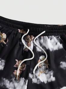 ROMWE MEN Street Life Men's Summer Casual Allover Print Drawstring Waist Shorts - Multicolor - View 3