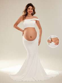 SHEIN Maternity Plain Color Cropped One-Shoulder Top And Adjustable Waist Midi Skirt 2Pcs Set For Photography - White - View 2