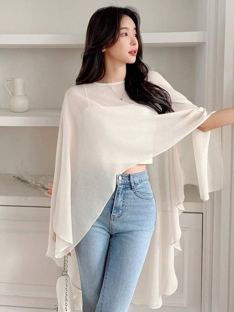 Lightweight Chiffon Tunic Top, Solid Color, Pullover Asymmetric Women Shirt, Spring/Summer Long Sleeve