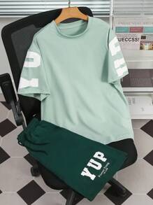 2pcs Tween/Teen Boys Summer Casual Letter Print Short Sleeve T-Shirt And Running Shorts Set, School, Campus, College - Multicolor - View 2