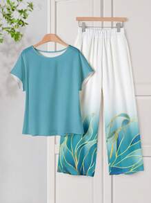Rusticease Set de 2 piezas Traje ajustado de mujer con estampado floral casual, versátil para primavera y verano - Multicolor - Ver 3