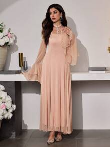 Modelyn 女式无袖细肩带褶饰腰部 A 字形长款优雅连衣裙 - 藕粉色 - 查看 6