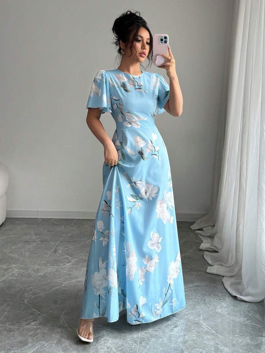 Elenzga 荷叶边袖圆领修身喇叭数码印花优雅浪漫女式连衣裙 - 藍色 - 查看 1