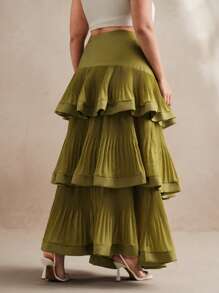 Anewsta 女式橄榄绿加大码高腰加长褶皱 A 字裙，休闲度假、节日、复活节、春季