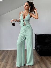 Flirla 纹理面料褶皱挂脖宽松阔腿裤套装 - 薄荷綠 - 查看 5