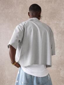 SUMWON Summer Vacation Greek Island Santorini Printed Check Shirt Resort Casual Beach Holiday Button Down Mediterranean Coastal Travel Wear - Light Grey - View 2