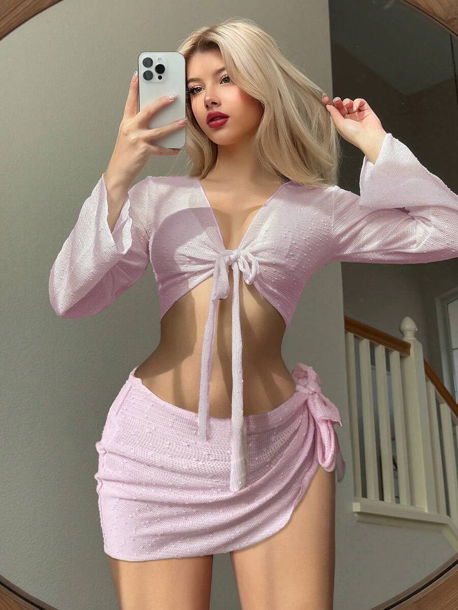 Swim Mod 女士海滩度假两件套服装：长袖纹理针织罩衫（前系带）和迷你沙滩裙