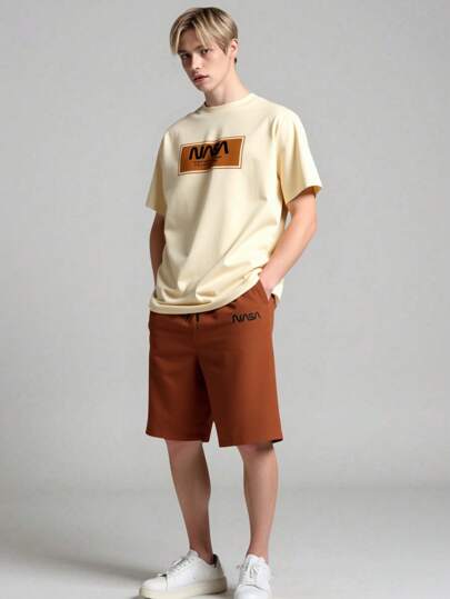 SHEIN 2pcs Set Teen Boys Casual Fashion Black Round Neck Short Sleeve Letter Print T-Shirt Top And Khaki Woven Shorts, New Summer Classic Matching