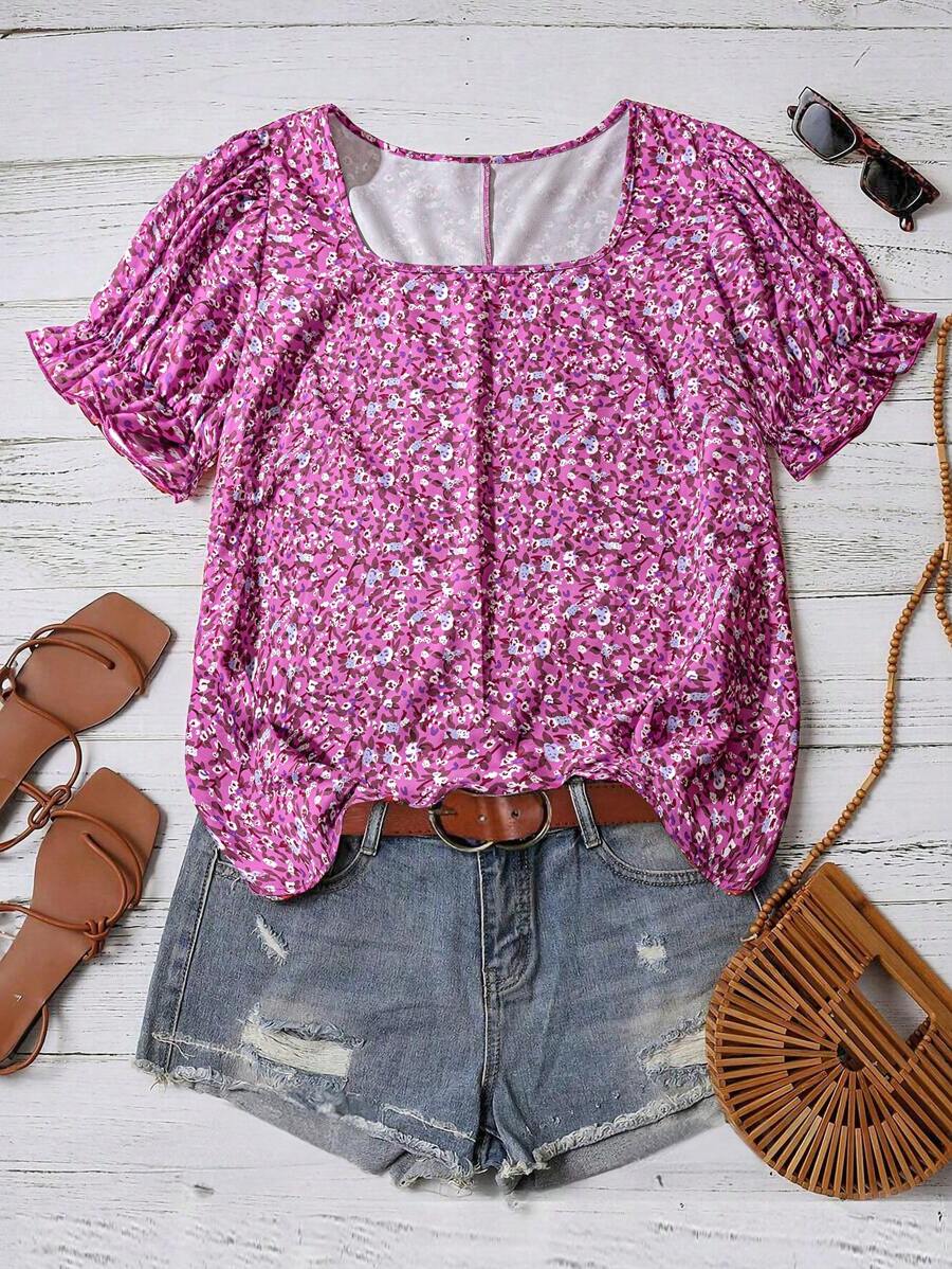 SHEIN LUNE Plus Size Women Summer Vacation Style Loose Fit Floral Print Round Neck Short Bubble Sleeve Blouse For New Year Clothes - Purple - View 1