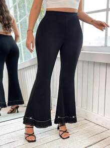 SHEIN Clasi Pantaloni a zampa in maglia nera elasticizzata, eleganti e casual, da donna curvy e formose, con strass luccicanti, pantaloni neri, jeans a zampa, outfit estivi da donna, casual business, per uscire, abiti da ufficio per donne, stile old money, abbigliamento business casual da donna, pantaloni estivi, pantaloni da lavoro