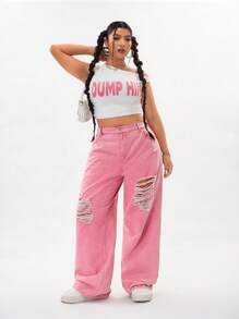 SHEIN ICON Plus Size Women's Washed Pink Ripped Denim Jeans  Summer Outfits For Women Festival Outfits