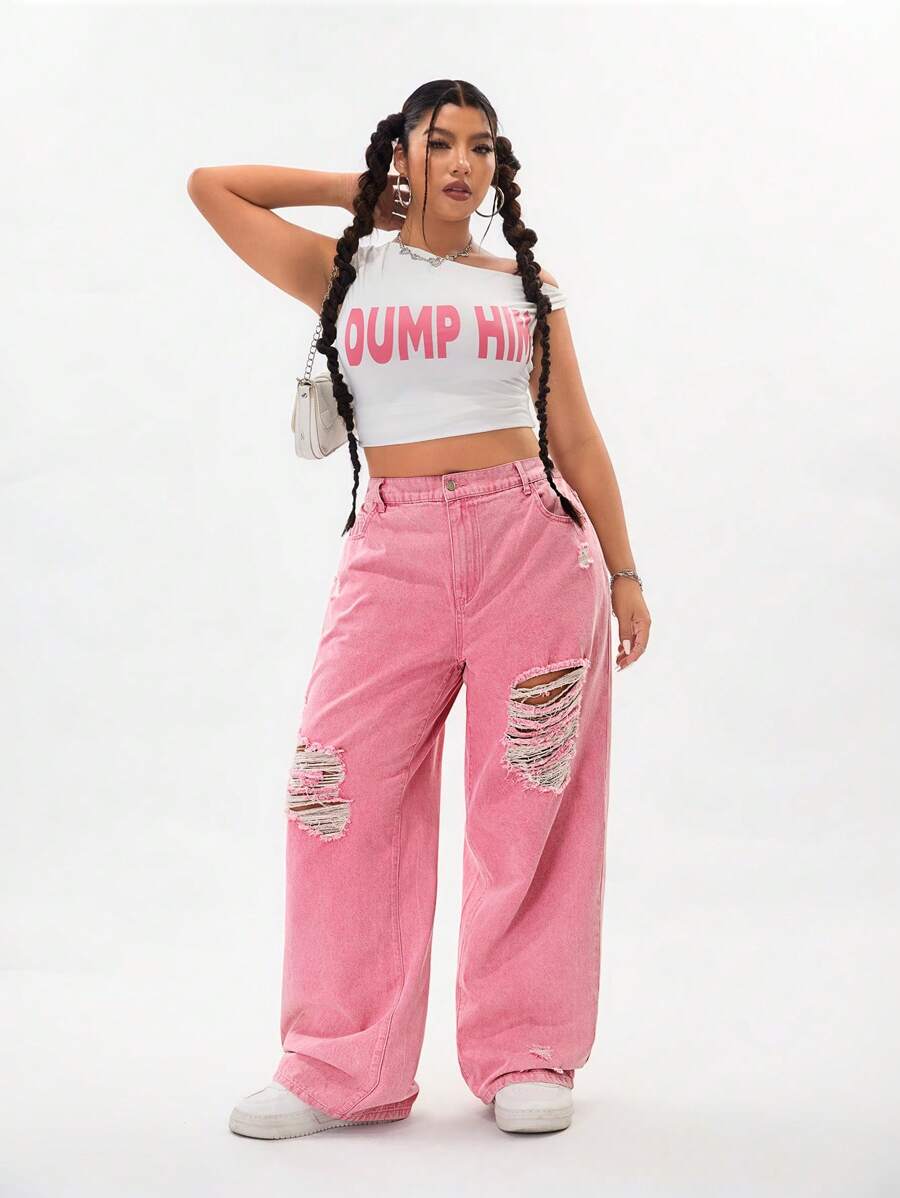 SHEIN ICON Plus Size Women's Washed Pink Ripped Denim Jeans  Summer Outfits For Women Festival Outfits