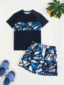Tween Boys Geometric Print Swimsuit Set,Short-Sleeved Top + Printed Beach Shorts Two-Piece Set,Surfing Suit