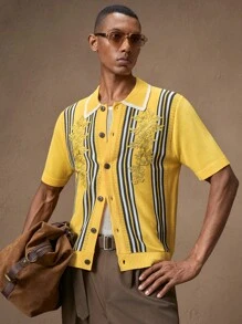 AKNOTIC Men's Knitted Yellow And Golden Floral Applique Casual Slim Fit Short Sleeve Knitted Shirt, Suitable For Summer, Vacation, Daily Wear, Party, Couple Matching, Gift For Men, Father's Day