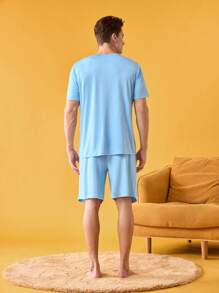 Happy Jammies Elastic Embroidery Round Neck Casual Short Sleeve T-Shirt, Men's Homewear Set