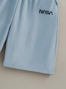 Wildeya Set de 2 piezas: Camiseta de manga corta con estampado de letras y cuello redondo informal en color negro + Pantalón corto de tela tejida en caqui para adolescentes, nuevo estilo clásico de verano