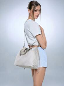 SHECARRY Grid Pattern Drawstring Large Capacity Fashionable Shoulder Tote Bag