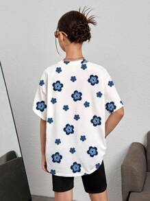 SHEIN تيشيرت كاجوال ناعم مطبوع بزهور مريح للبنات المراهقات، مناسب للصيف