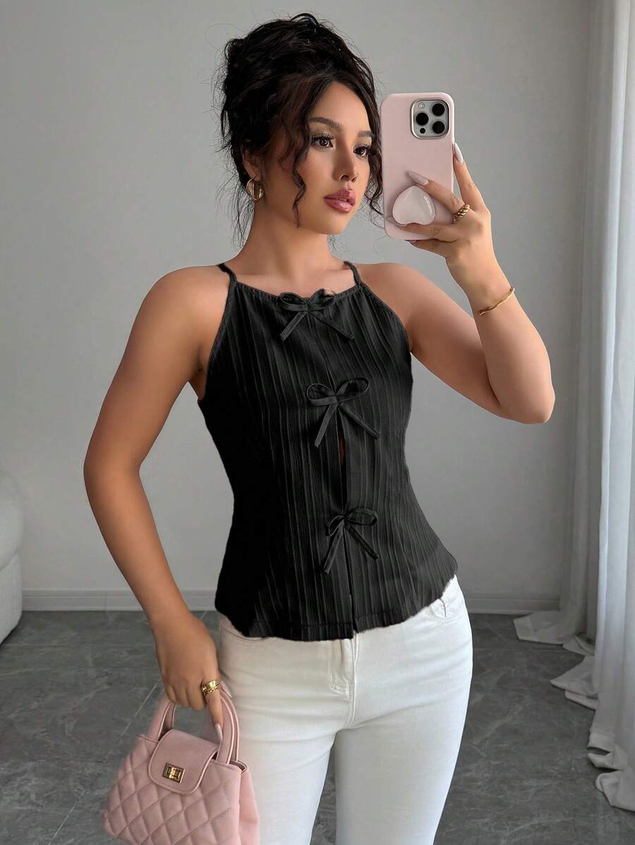 Elenzga Halloween Costume Black Bowknot Decor Waist Fitted Top For Women - Black - View 1