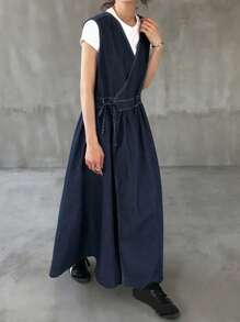 FRIFUL Vestito in jeans casual, scollo a V, vita con coulisse, da donna per l'estate