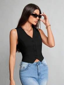 SHEIN Tall Chaleco sin cuello de color caqui sólido con escote en V y botones delanteros, chaleco de vestir, ropa de trabajo, casual de negocios para mujer en otoño/invierno - Negro - Ver 7