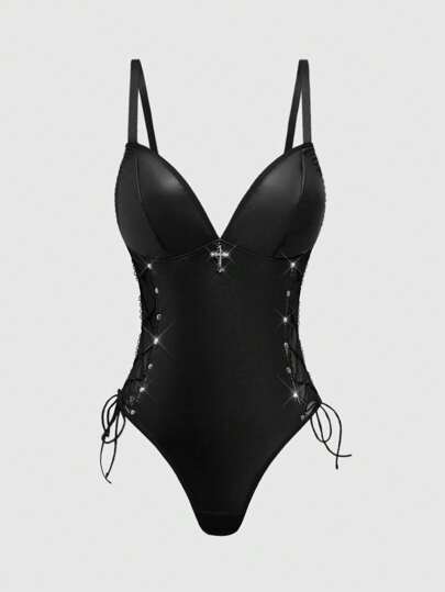 Goth Cross Pendant PU Leather Sexy Bodysuit, Rave